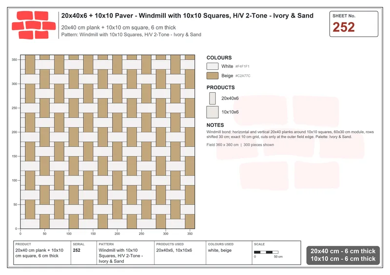Interlock (Pasco) 20x40 cm · RC24-252 · Windmill with 10x10 Squares, H/V 2-Tone - Ivory & Sand · Laying plan Interlock (Pasco) 20x40 cm · RC24-252 · Windmill with 10x10 Squares, H/V 2-Tone - Ivory & Sand · Laying plan