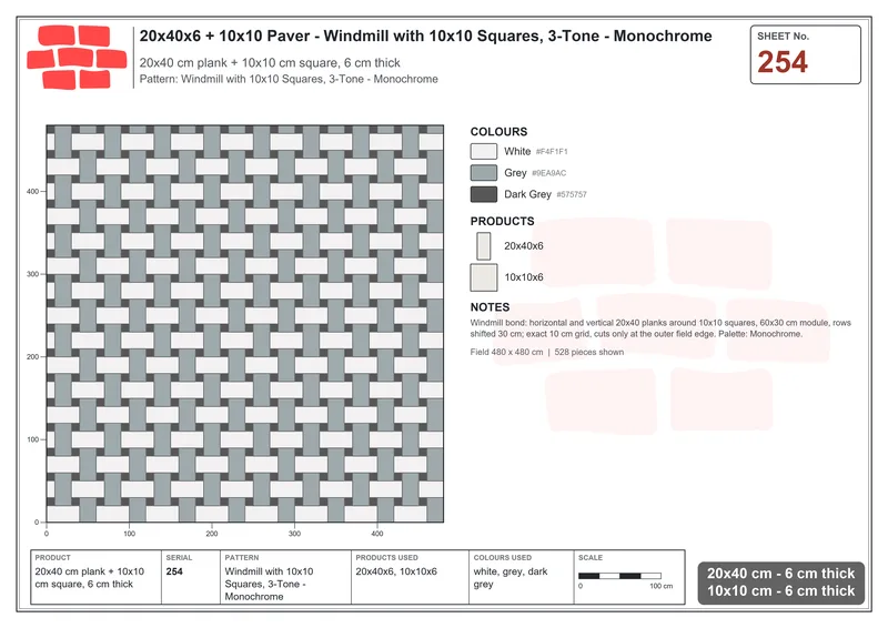 Interlock (Pasco) 20x40 cm · RC24-254 · Windmill with 10x10 Squares, 3-Tone - Monochrome · Laying plan Interlock (Pasco) 20x40 cm · RC24-254 · Windmill with 10x10 Squares, 3-Tone - Monochrome · Laying plan