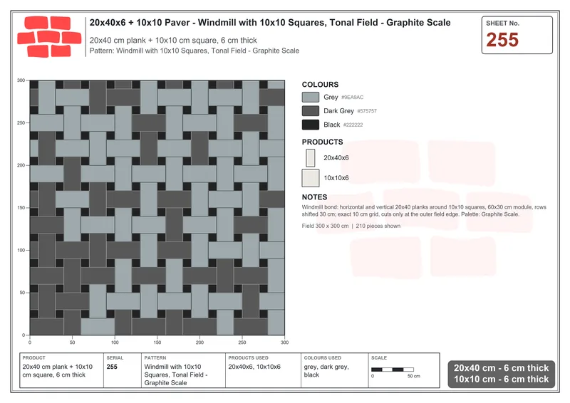 Interlock (Pasco) 20x40 cm · RC24-255 · Windmill with 10x10 Squares, Tonal Field - Graphite Scale · Laying plan Interlock (Pasco) 20x40 cm · RC24-255 · Windmill with 10x10 Squares, Tonal Field - Graphite Scale · Laying plan