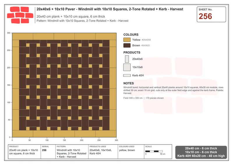 Interlock (Pasco) 20x40 cm · RC24-256 · Windmill with 10x10 Squares, 2-Tone Rotated + Kerb - Harvest · Laying plan Interlock (Pasco) 20x40 cm · RC24-256 · Windmill with 10x10 Squares, 2-Tone Rotated + Kerb - Harvest · Laying plan