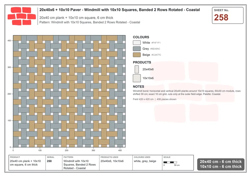 Interlock (Pasco) 20x40 cm · RC24-258 · Windmill with 10x10 Squares, Banded 2 Rows Rotated - Coastal · Laying plan Interlock (Pasco) 20x40 cm · RC24-258 · Windmill with 10x10 Squares, Banded 2 Rows Rotated - Coastal · Laying plan