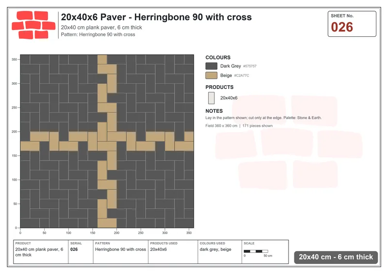 Interlock (Pasco) 20x40 cm · RC24-26 · Herringbone 90 with cross · Laying plan Interlock (Pasco) 20x40 cm · RC24-26 · Herringbone 90 with cross · Laying plan