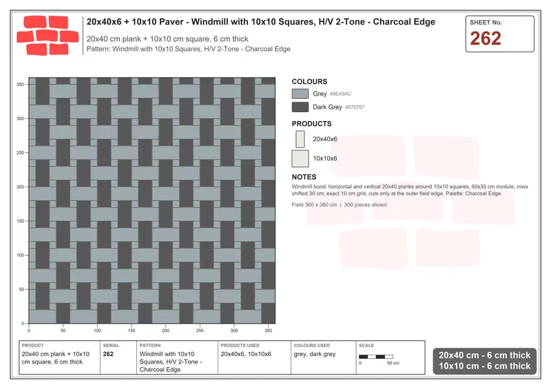 Interlock (Pasco) 20x40 cm · RC24-262 · Windmill with 10x10 Squares, H/V 2-Tone - Charcoal Edge · Laying plan Interlock (Pasco) 20x40 cm · RC24-262 · Windmill with 10x10 Squares, H/V 2-Tone - Charcoal Edge · Laying plan