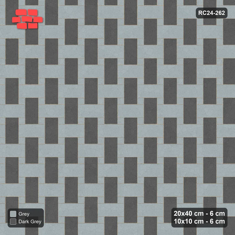 Interlock (Pasco) 20x40 cm · RC24-262 · Windmill with 10x10 Squares, H/V 2-Tone - Charcoal Edge · Top view Interlock (Pasco) 20x40 cm · RC24-262 · Windmill with 10x10 Squares, H/V 2-Tone - Charcoal Edge · Top view