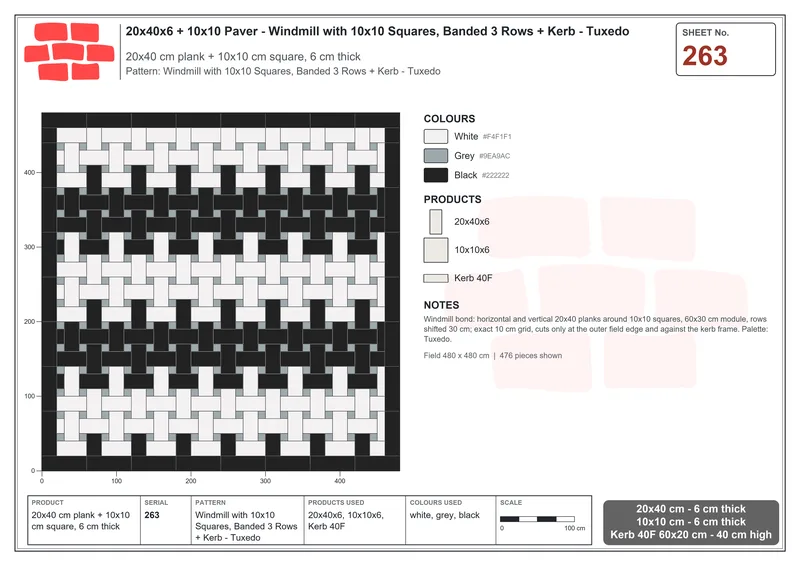 Interlock (Pasco) 20x40 cm · RC24-263 · Windmill with 10x10 Squares, Banded 3 Rows + Kerb - Tuxedo · Laying plan Interlock (Pasco) 20x40 cm · RC24-263 · Windmill with 10x10 Squares, Banded 3 Rows + Kerb - Tuxedo · Laying plan