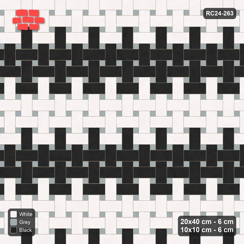 Interlock (Pasco) 20x40 cm · RC24-263 · Windmill with 10x10 Squares, Banded 3 Rows + Kerb - Tuxedo · Top view Interlock (Pasco) 20x40 cm · RC24-263 · Windmill with 10x10 Squares, Banded 3 Rows + Kerb - Tuxedo · Top view