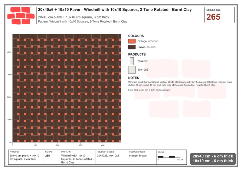 Interlock (Pasco) 20x40 cm · RC24-265 · Windmill with 10x10 Squares, 2-Tone Rotated - Burnt Clay · Laying plan Interlock (Pasco) 20x40 cm · RC24-265 · Windmill with 10x10 Squares, 2-Tone Rotated - Burnt Clay · Laying plan