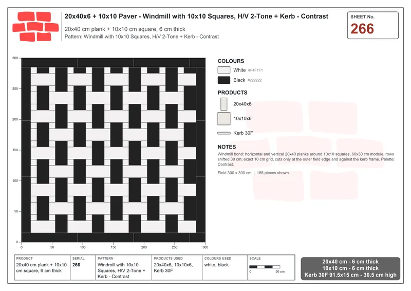 Interlock (Pasco) 20x40 cm · RC24-266 · Windmill with 10x10 Squares, H/V 2-Tone + Kerb - Contrast · Laying plan Interlock (Pasco) 20x40 cm · RC24-266 · Windmill with 10x10 Squares, H/V 2-Tone + Kerb - Contrast · Laying plan