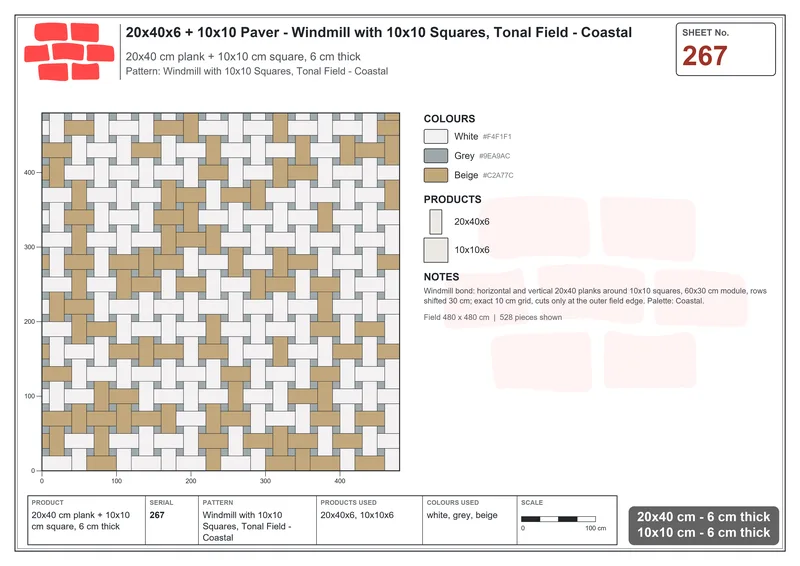Interlock (Pasco) 20x40 cm · RC24-267 · Windmill with 10x10 Squares, Tonal Field - Coastal · Laying plan Interlock (Pasco) 20x40 cm · RC24-267 · Windmill with 10x10 Squares, Tonal Field - Coastal · Laying plan