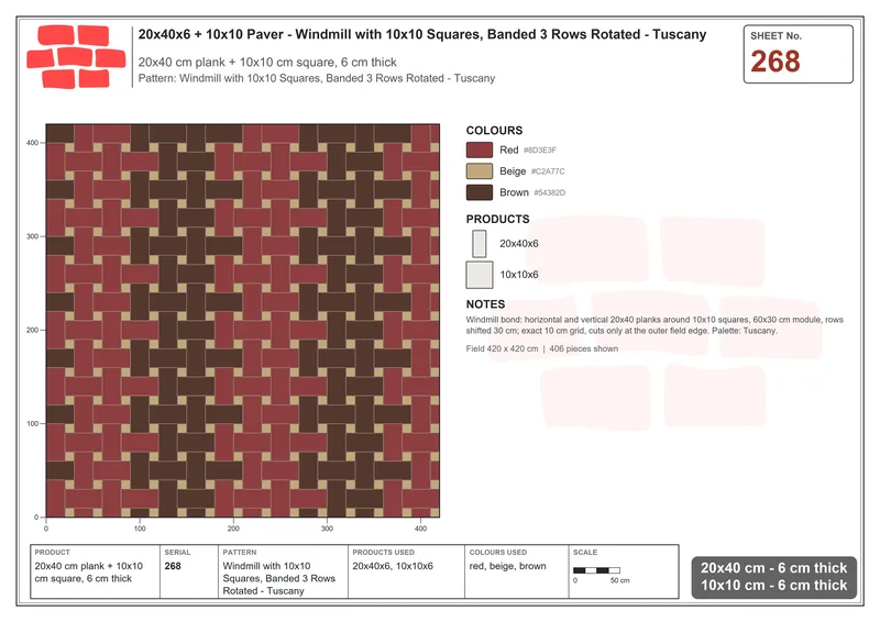 Interlock (Pasco) 20x40 cm · RC24-268 · Windmill with 10x10 Squares, Banded 3 Rows Rotated - Tuscany · Laying plan Interlock (Pasco) 20x40 cm · RC24-268 · Windmill with 10x10 Squares, Banded 3 Rows Rotated - Tuscany · Laying plan