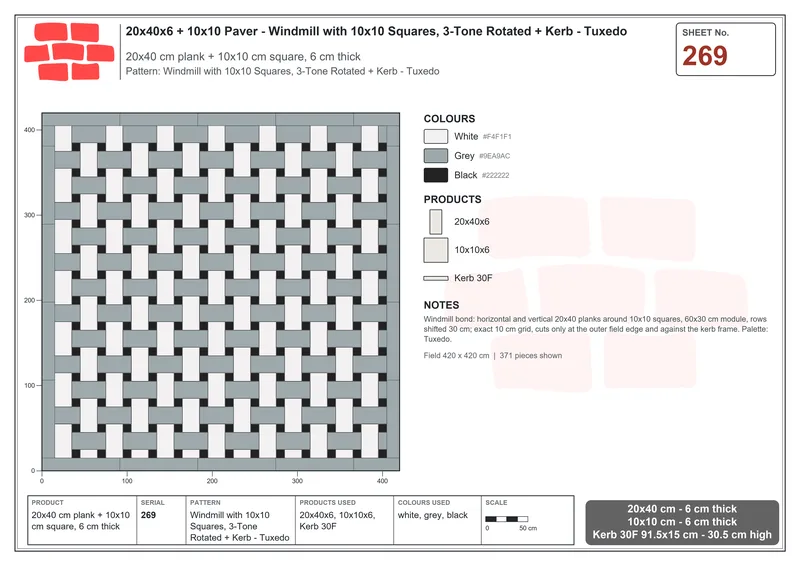 Interlock (Pasco) 20x40 cm · RC24-269 · Windmill with 10x10 Squares, 3-Tone Rotated + Kerb - Tuxedo · Laying plan Interlock (Pasco) 20x40 cm · RC24-269 · Windmill with 10x10 Squares, 3-Tone Rotated + Kerb - Tuxedo · Laying plan