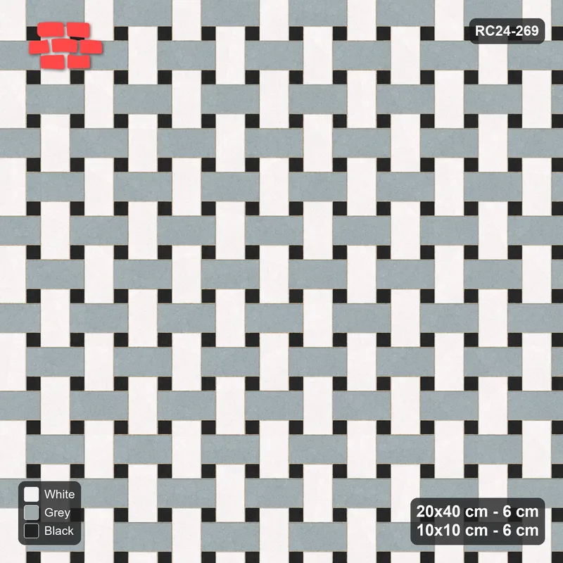 Interlock (Pasco) 20x40 cm · RC24-269 · Windmill with 10x10 Squares, 3-Tone Rotated + Kerb - Tuxedo · Top view Interlock (Pasco) 20x40 cm · RC24-269 · Windmill with 10x10 Squares, 3-Tone Rotated + Kerb - Tuxedo · Top view