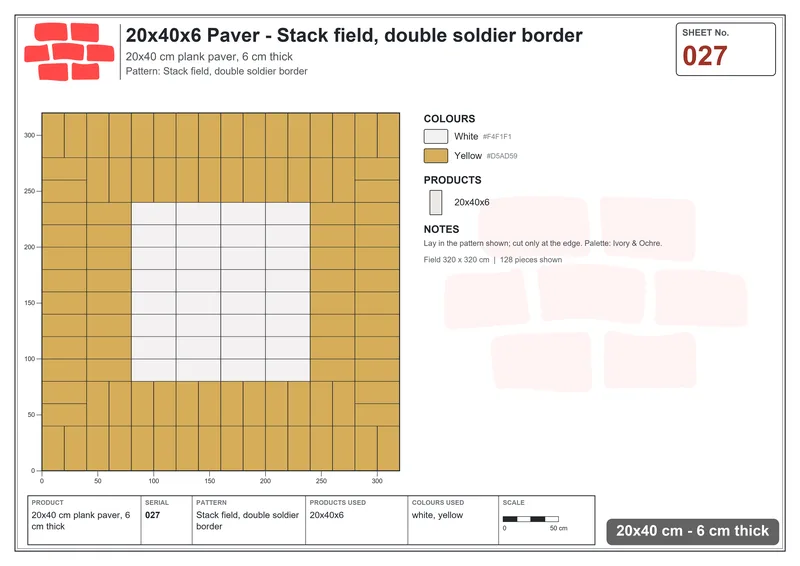 Interlock (Pasco) 20x40 cm · RC24-27 · Stack field, double soldier border · Laying plan Interlock (Pasco) 20x40 cm · RC24-27 · Stack field, double soldier border · Laying plan