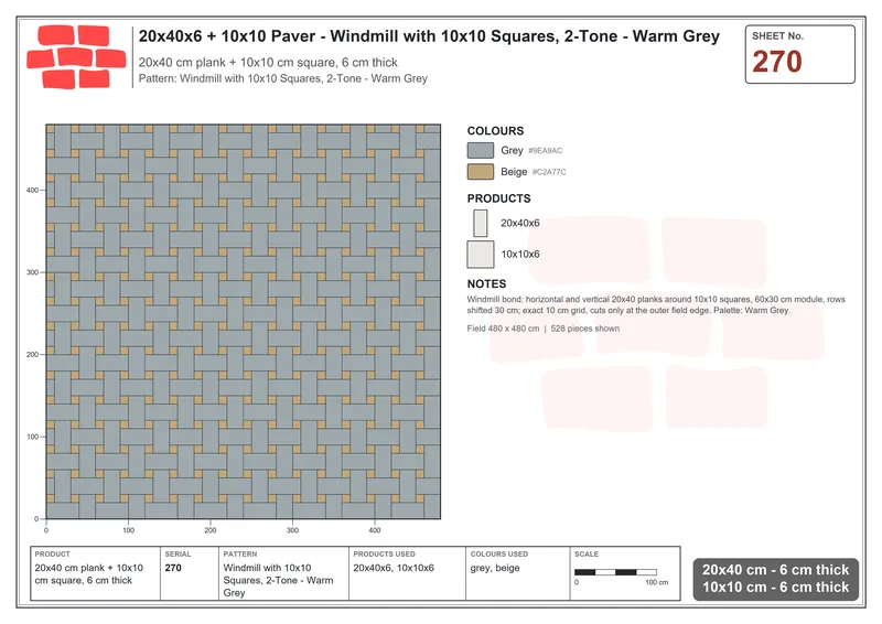 Interlock (Pasco) 20x40 cm · RC24-270 · Windmill with 10x10 Squares, 2-Tone - Warm Grey · Laying plan Interlock (Pasco) 20x40 cm · RC24-270 · Windmill with 10x10 Squares, 2-Tone - Warm Grey · Laying plan