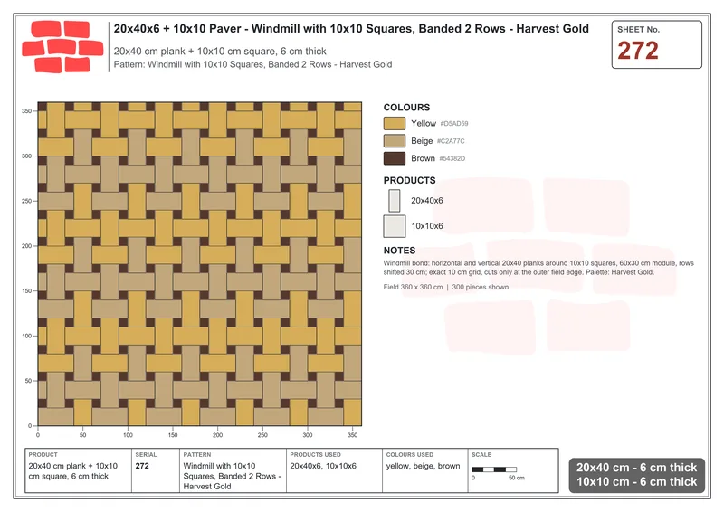 Interlock (Pasco) 20x40 cm · RC24-272 · Windmill with 10x10 Squares, Banded 2 Rows - Harvest Gold · Laying plan Interlock (Pasco) 20x40 cm · RC24-272 · Windmill with 10x10 Squares, Banded 2 Rows - Harvest Gold · Laying plan