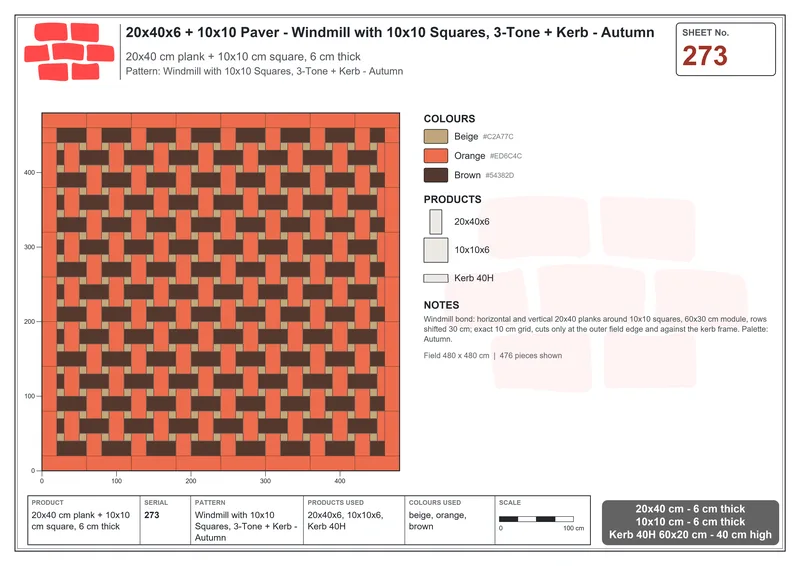 Interlock (Pasco) 20x40 cm · RC24-273 · Windmill with 10x10 Squares, 3-Tone + Kerb - Autumn · Laying plan Interlock (Pasco) 20x40 cm · RC24-273 · Windmill with 10x10 Squares, 3-Tone + Kerb - Autumn · Laying plan