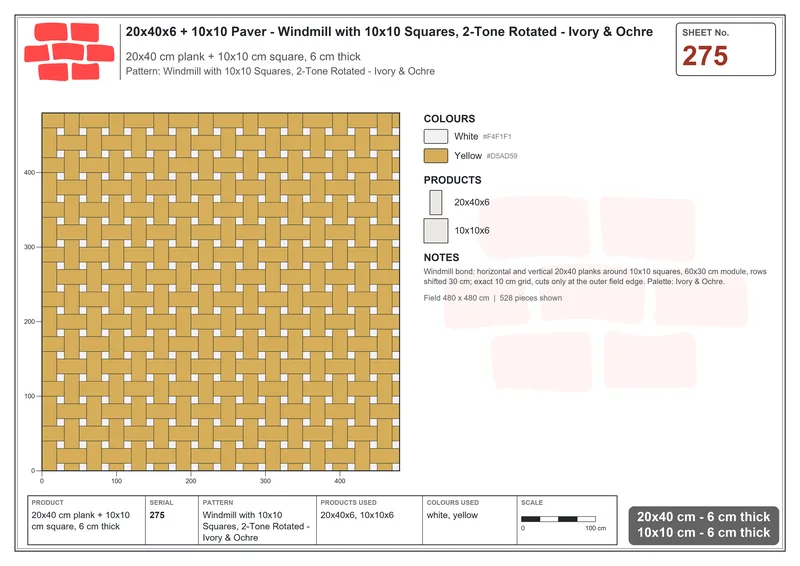 Interlock (Pasco) 20x40 cm · RC24-275 · Windmill with 10x10 Squares, 2-Tone Rotated - Ivory & Ochre · Laying plan Interlock (Pasco) 20x40 cm · RC24-275 · Windmill with 10x10 Squares, 2-Tone Rotated - Ivory & Ochre · Laying plan