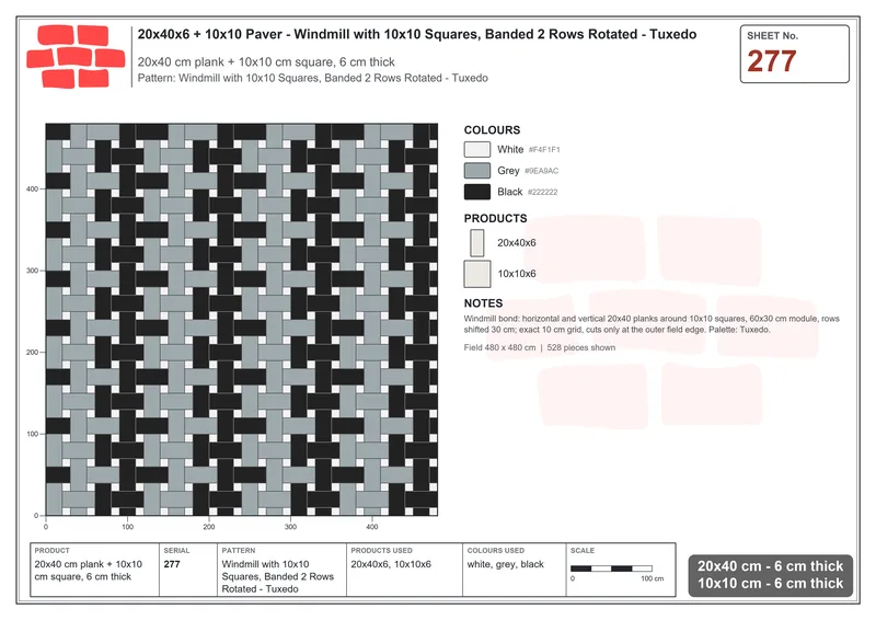 Interlock (Pasco) 20x40 cm · RC24-277 · Windmill with 10x10 Squares, Banded 2 Rows Rotated - Tuxedo · Laying plan Interlock (Pasco) 20x40 cm · RC24-277 · Windmill with 10x10 Squares, Banded 2 Rows Rotated - Tuxedo · Laying plan