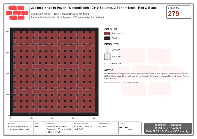 Interlock (Pasco) 20x40 cm · RC24-279 · Windmill with 10x10 Squares, 2-Tone + Kerb - Red & Black · Laying plan Interlock (Pasco) 20x40 cm · RC24-279 · Windmill with 10x10 Squares, 2-Tone + Kerb - Red & Black · Laying plan
