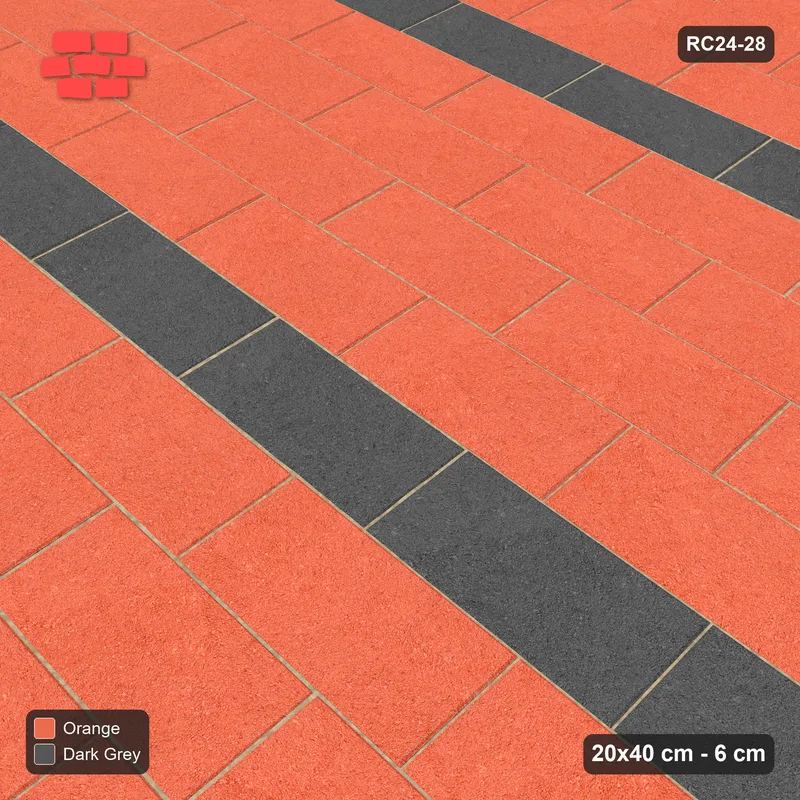 Interlock (Pasco) 20x40 cm · RC24-28 · Running bond 1/3 with kerb frame and course stripes · Side view Interlock (Pasco) 20x40 cm · RC24-28 · Running bond 1/3 with kerb frame and course stripes · Side view