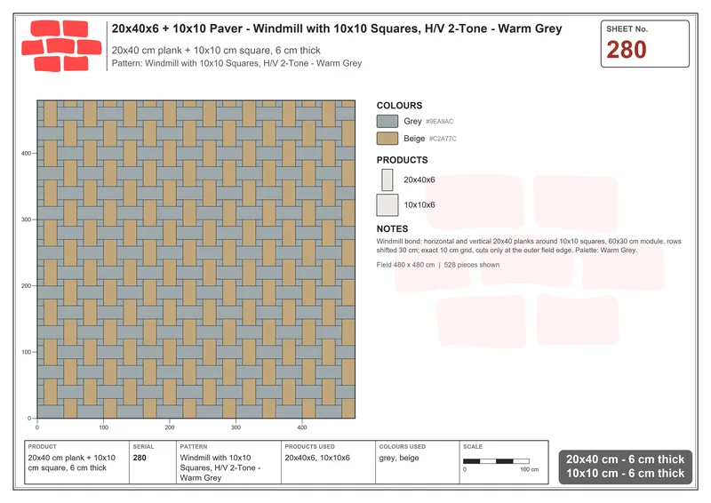 Interlock (Pasco) 20x40 cm · RC24-280 · Windmill with 10x10 Squares, H/V 2-Tone - Warm Grey · Laying plan Interlock (Pasco) 20x40 cm · RC24-280 · Windmill with 10x10 Squares, H/V 2-Tone - Warm Grey · Laying plan