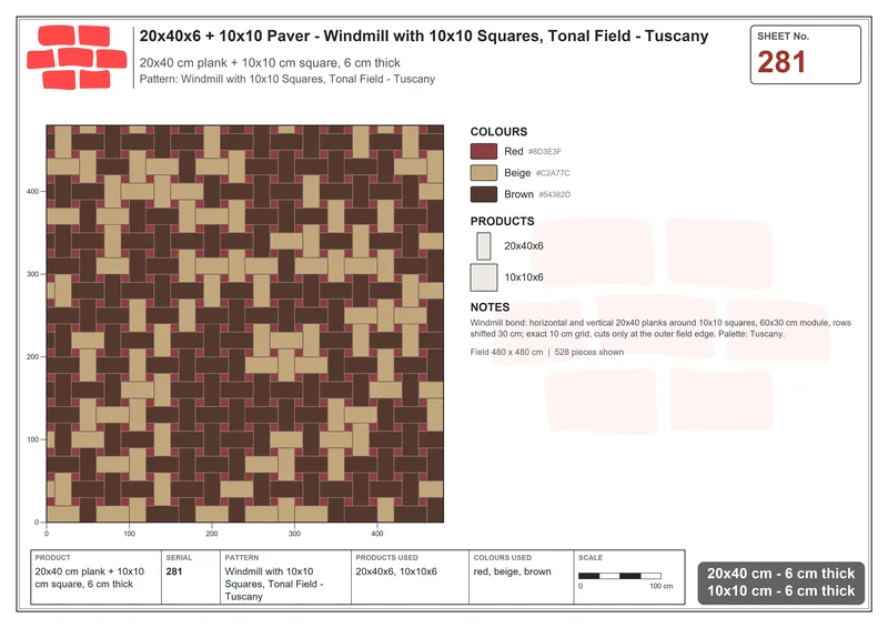 Interlock (Pasco) 20x40 cm · RC24-281 · Windmill with 10x10 Squares, Tonal Field - Tuscany · Laying plan Interlock (Pasco) 20x40 cm · RC24-281 · Windmill with 10x10 Squares, Tonal Field - Tuscany · Laying plan