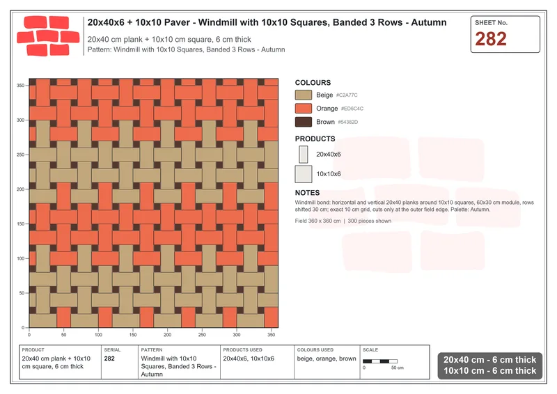Interlock (Pasco) 20x40 cm · RC24-282 · Windmill with 10x10 Squares, Banded 3 Rows - Autumn · Laying plan Interlock (Pasco) 20x40 cm · RC24-282 · Windmill with 10x10 Squares, Banded 3 Rows - Autumn · Laying plan