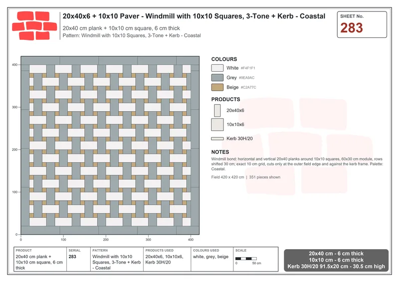 Interlock (Pasco) 20x40 cm · RC24-283 · Windmill with 10x10 Squares, 3-Tone + Kerb - Coastal · Laying plan Interlock (Pasco) 20x40 cm · RC24-283 · Windmill with 10x10 Squares, 3-Tone + Kerb - Coastal · Laying plan