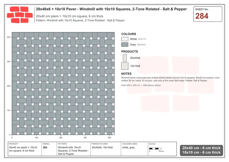 Interlock (Pasco) 20x40 cm · RC24-284 · Windmill with 10x10 Squares, 2-Tone Rotated - Salt & Pepper · Laying plan Interlock (Pasco) 20x40 cm · RC24-284 · Windmill with 10x10 Squares, 2-Tone Rotated - Salt & Pepper · Laying plan