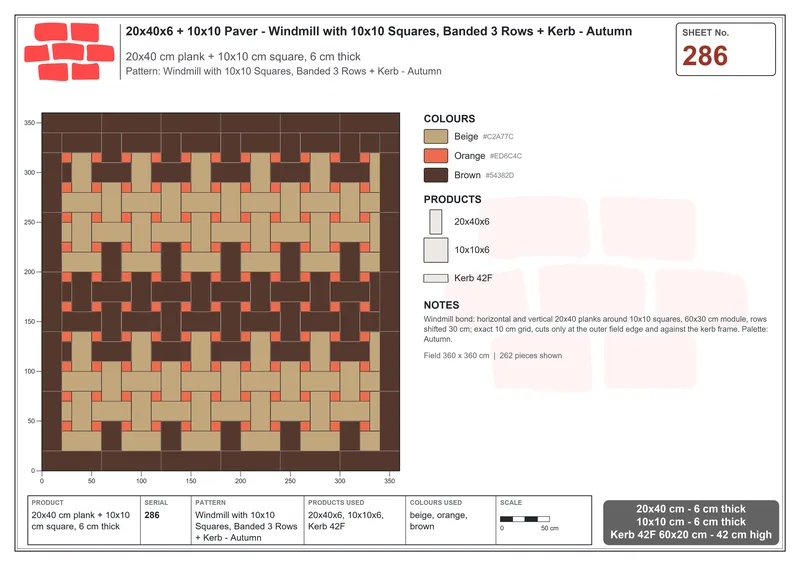 Interlock (Pasco) 20x40 cm · RC24-286 · Windmill with 10x10 Squares, Banded 3 Rows + Kerb - Autumn · Laying plan Interlock (Pasco) 20x40 cm · RC24-286 · Windmill with 10x10 Squares, Banded 3 Rows + Kerb - Autumn · Laying plan