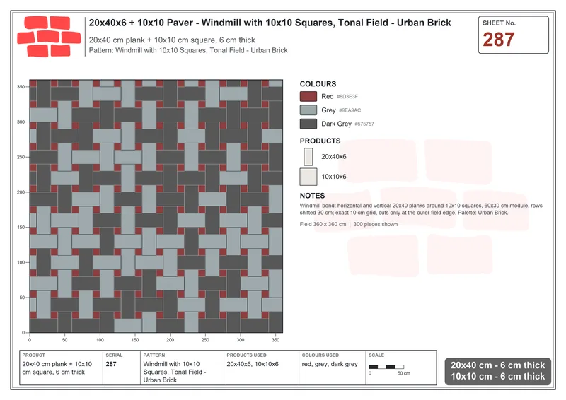 Interlock (Pasco) 20x40 cm · RC24-287 · Windmill with 10x10 Squares, Tonal Field - Urban Brick · Laying plan Interlock (Pasco) 20x40 cm · RC24-287 · Windmill with 10x10 Squares, Tonal Field - Urban Brick · Laying plan