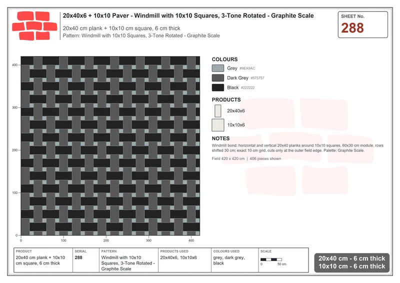 Interlock (Pasco) 20x40 cm · RC24-288 · Windmill with 10x10 Squares, 3-Tone Rotated - Graphite Scale · Laying plan Interlock (Pasco) 20x40 cm · RC24-288 · Windmill with 10x10 Squares, 3-Tone Rotated - Graphite Scale · Laying plan