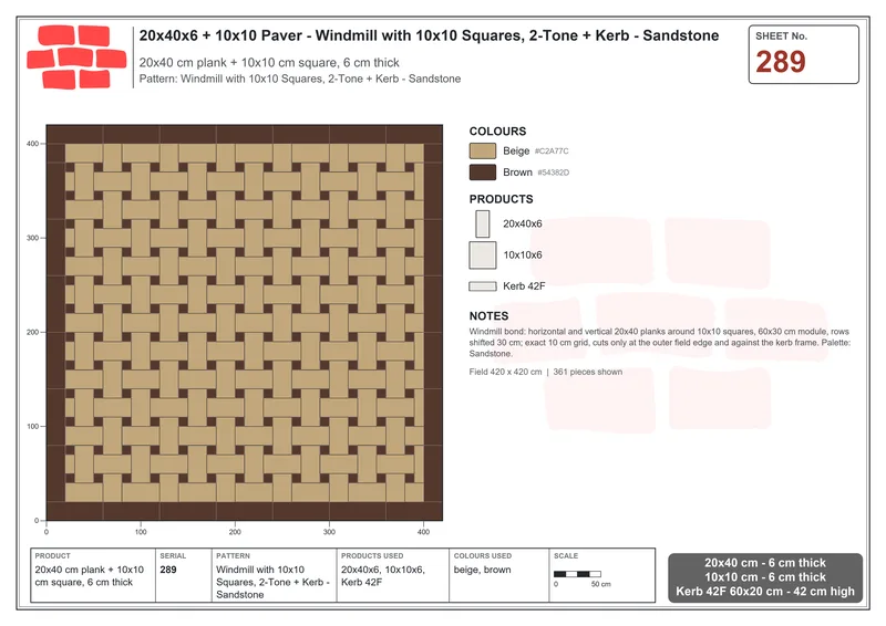 Interlock (Pasco) 20x40 cm · RC24-289 · Windmill with 10x10 Squares, 2-Tone + Kerb - Sandstone · Laying plan Interlock (Pasco) 20x40 cm · RC24-289 · Windmill with 10x10 Squares, 2-Tone + Kerb - Sandstone · Laying plan