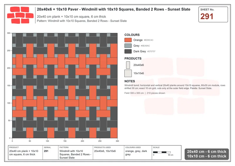 Interlock (Pasco) 20x40 cm · RC24-291 · Windmill with 10x10 Squares, Banded 2 Rows - Sunset Slate · Laying plan Interlock (Pasco) 20x40 cm · RC24-291 · Windmill with 10x10 Squares, Banded 2 Rows - Sunset Slate · Laying plan