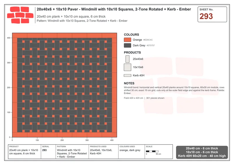 Interlock (Pasco) 20x40 cm · RC24-293 · Windmill with 10x10 Squares, 2-Tone Rotated + Kerb - Ember · Laying plan Interlock (Pasco) 20x40 cm · RC24-293 · Windmill with 10x10 Squares, 2-Tone Rotated + Kerb - Ember · Laying plan