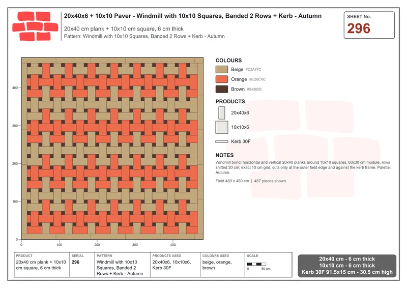 Interlock (Pasco) 20x40 cm · RC24-296 · Windmill with 10x10 Squares, Banded 2 Rows + Kerb - Autumn · Laying plan Interlock (Pasco) 20x40 cm · RC24-296 · Windmill with 10x10 Squares, Banded 2 Rows + Kerb - Autumn · Laying plan