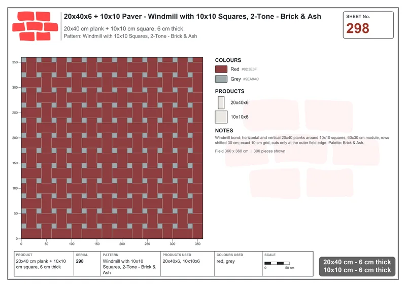 Interlock (Pasco) 20x40 cm · RC24-298 · Windmill with 10x10 Squares, 2-Tone - Brick & Ash · Laying plan Interlock (Pasco) 20x40 cm · RC24-298 · Windmill with 10x10 Squares, 2-Tone - Brick & Ash · Laying plan