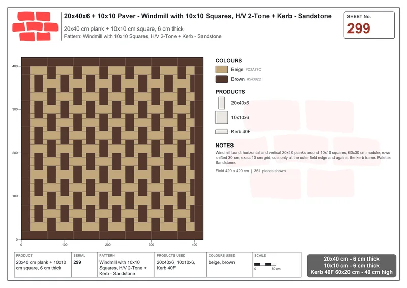 Interlock (Pasco) 20x40 cm · RC24-299 · Windmill with 10x10 Squares, H/V 2-Tone + Kerb - Sandstone · Laying plan Interlock (Pasco) 20x40 cm · RC24-299 · Windmill with 10x10 Squares, H/V 2-Tone + Kerb - Sandstone · Laying plan