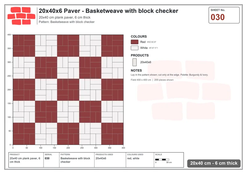 Interlock (Pasco) 20x40 cm · RC24-30 · Basketweave with block checker · Laying plan Interlock (Pasco) 20x40 cm · RC24-30 · Basketweave with block checker · Laying plan