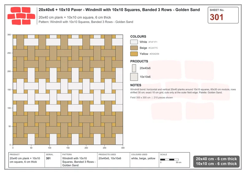 Interlock (Pasco) 20x40 cm · RC24-301 · Windmill with 10x10 Squares, Banded 3 Rows - Golden Sand · Laying plan Interlock (Pasco) 20x40 cm · RC24-301 · Windmill with 10x10 Squares, Banded 3 Rows - Golden Sand · Laying plan