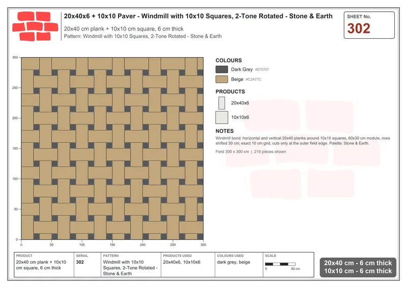 Interlock (Pasco) 20x40 cm · RC24-302 · Windmill with 10x10 Squares, 2-Tone Rotated - Stone & Earth · Laying plan Interlock (Pasco) 20x40 cm · RC24-302 · Windmill with 10x10 Squares, 2-Tone Rotated - Stone & Earth · Laying plan