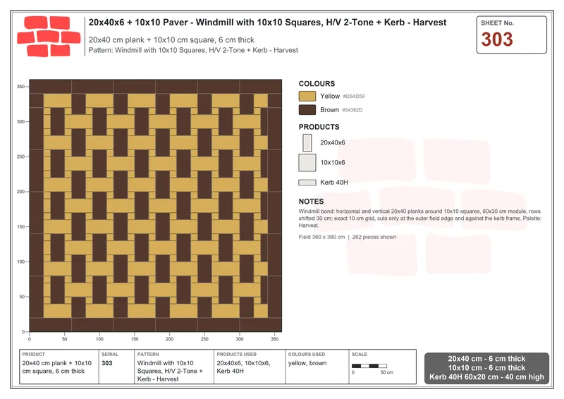 Interlock (Pasco) 20x40 cm · RC24-303 · Windmill with 10x10 Squares, H/V 2-Tone + Kerb - Harvest · Laying plan Interlock (Pasco) 20x40 cm · RC24-303 · Windmill with 10x10 Squares, H/V 2-Tone + Kerb - Harvest · Laying plan