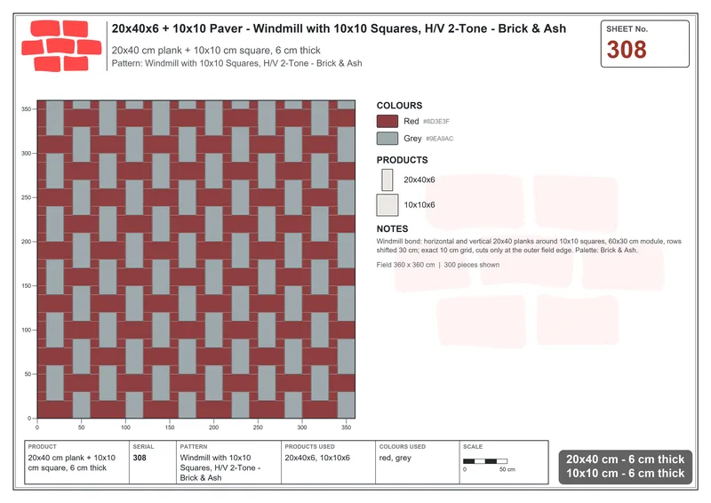 Interlock (Pasco) 20x40 cm · RC24-308 · Windmill with 10x10 Squares, H/V 2-Tone - Brick & Ash · Laying plan Interlock (Pasco) 20x40 cm · RC24-308 · Windmill with 10x10 Squares, H/V 2-Tone - Brick & Ash · Laying plan
