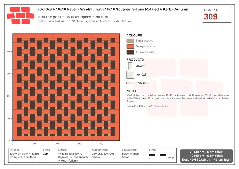 Interlock (Pasco) 20x40 cm · RC24-309 · Windmill with 10x10 Squares, 3-Tone Rotated + Kerb - Autumn · Laying plan Interlock (Pasco) 20x40 cm · RC24-309 · Windmill with 10x10 Squares, 3-Tone Rotated + Kerb - Autumn · Laying plan