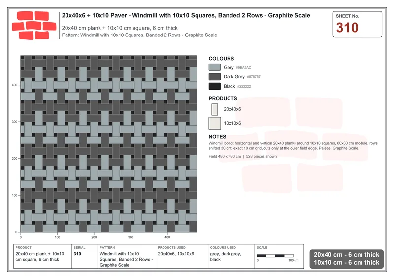 Interlock (Pasco) 20x40 cm · RC24-310 · Windmill with 10x10 Squares, Banded 2 Rows - Graphite Scale · Laying plan Interlock (Pasco) 20x40 cm · RC24-310 · Windmill with 10x10 Squares, Banded 2 Rows - Graphite Scale · Laying plan