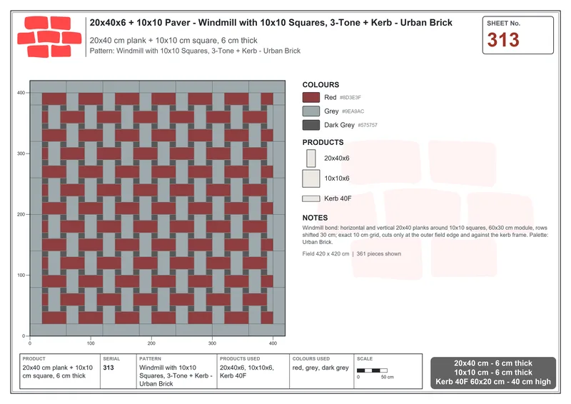 Interlock (Pasco) 20x40 cm · RC24-313 · Windmill with 10x10 Squares, 3-Tone + Kerb - Urban Brick · Laying plan Interlock (Pasco) 20x40 cm · RC24-313 · Windmill with 10x10 Squares, 3-Tone + Kerb - Urban Brick · Laying plan