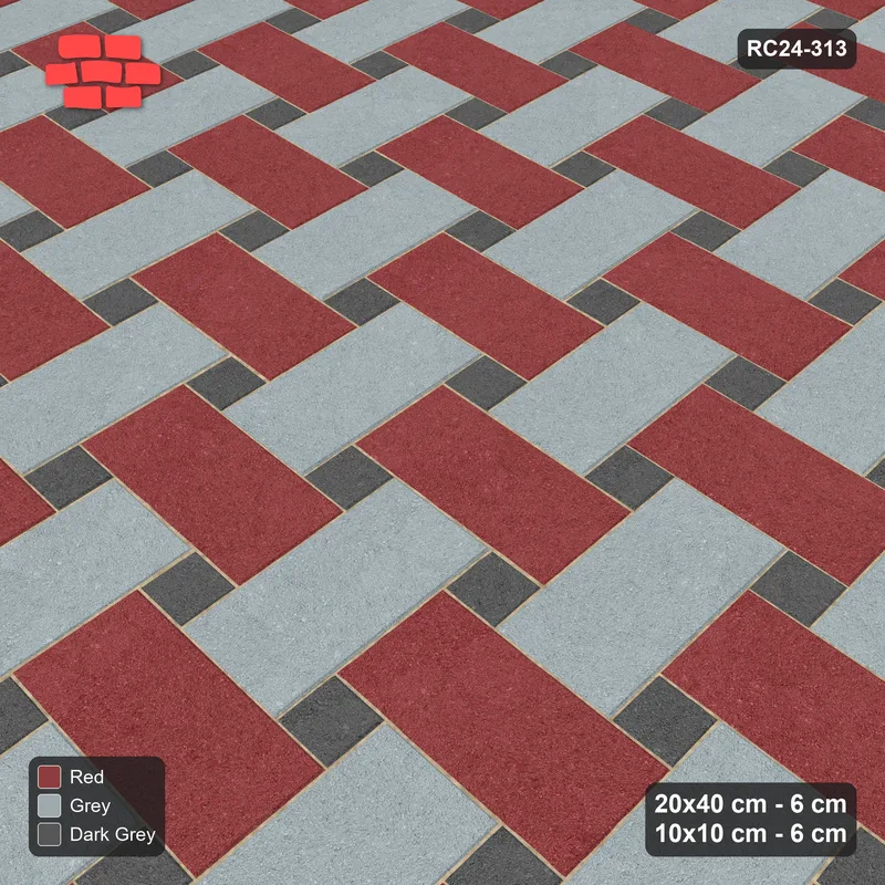 Interlock (Pasco) 20x40 cm · RC24-313 · Windmill with 10x10 Squares, 3-Tone + Kerb - Urban Brick · Side view Interlock (Pasco) 20x40 cm · RC24-313 · Windmill with 10x10 Squares, 3-Tone + Kerb - Urban Brick · Side view