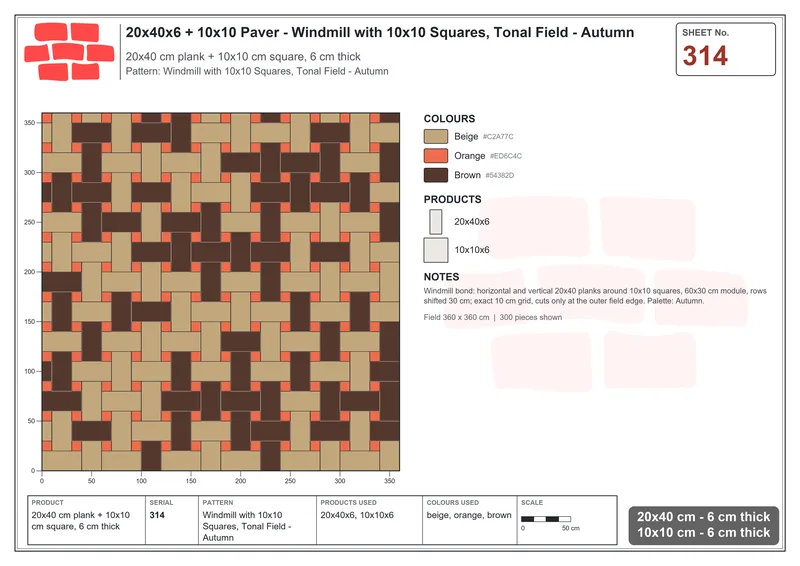 Interlock (Pasco) 20x40 cm · RC24-314 · Windmill with 10x10 Squares, Tonal Field - Autumn · Laying plan Interlock (Pasco) 20x40 cm · RC24-314 · Windmill with 10x10 Squares, Tonal Field - Autumn · Laying plan
