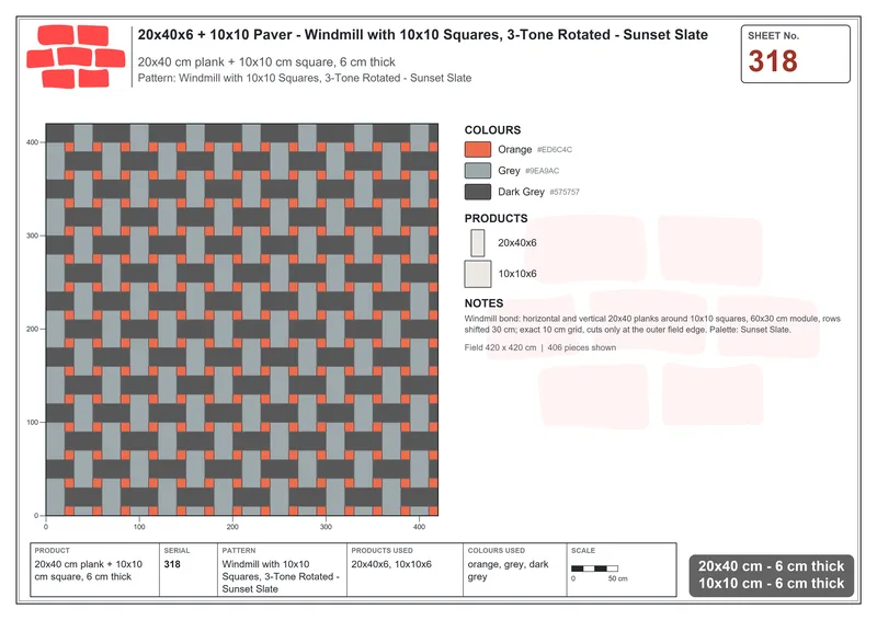 Interlock (Pasco) 20x40 cm · RC24-318 · Windmill with 10x10 Squares, 3-Tone Rotated - Sunset Slate · Laying plan Interlock (Pasco) 20x40 cm · RC24-318 · Windmill with 10x10 Squares, 3-Tone Rotated - Sunset Slate · Laying plan