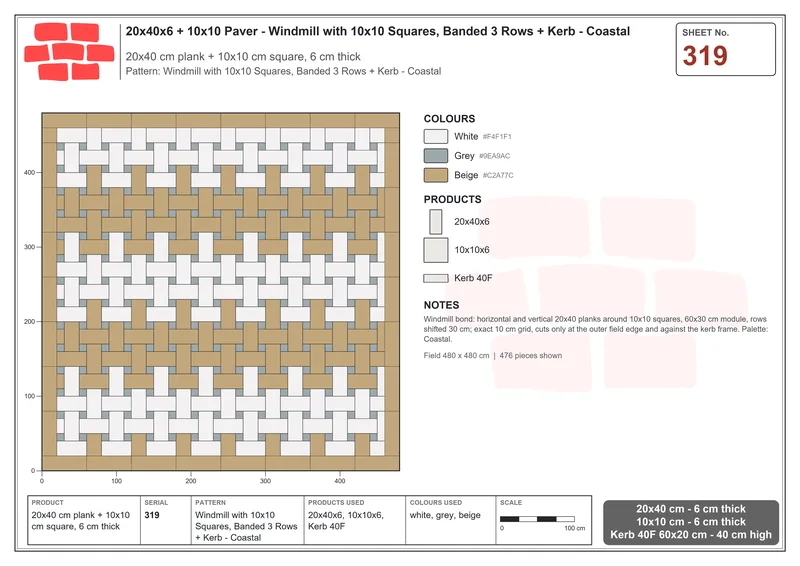 Interlock (Pasco) 20x40 cm · RC24-319 · Windmill with 10x10 Squares, Banded 3 Rows + Kerb - Coastal · Laying plan Interlock (Pasco) 20x40 cm · RC24-319 · Windmill with 10x10 Squares, Banded 3 Rows + Kerb - Coastal · Laying plan